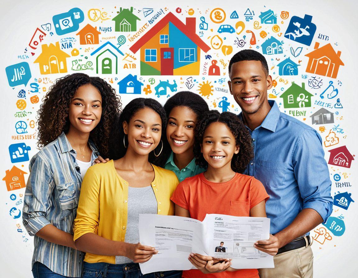 A creative collage depicting various affordable insurance solutions, such as diverse families and individuals happily exploring their options, overlay of insurance policy documents, and a key unlocking a safe filled with diverse coverage symbols. Bright colors to convey optimism and inclusivity. super-realistic. vibrant colors. white background.