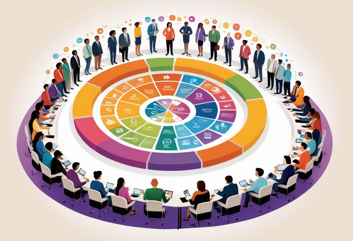 A diverse group of people of various ages, genders, and ethnic backgrounds, gathered around a large, colorful diagram showcasing inclusive policies and their benefits. In the background, an office setting with warm, inviting tones to enhance a sense of community. Overhead, icons representing various sectors like health, education, and employment float, illustrating comprehensive coverage. The overall atmosphere radiates positivity and collaboration. vibrant colors. digital illustration.