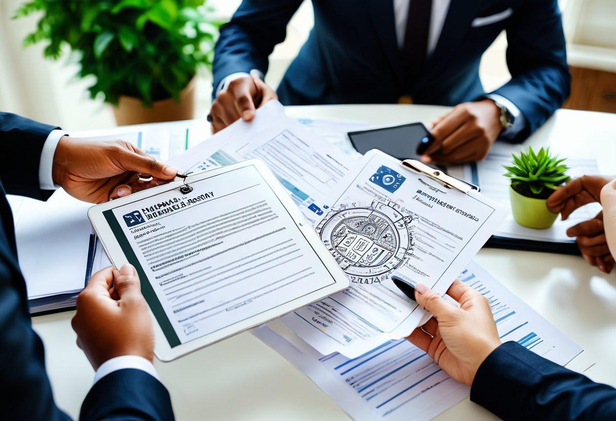 A close-up of a diverse group of people discussing financial security, with documents and a digital tablet depicting insurance plans in hand. Include visual symbols of wealth and safety like a padlock, a shield, and growing plants representing growth. Create a warm, inviting atmosphere that conveys trust and reliability. super-realistic. vibrant colors. white background.